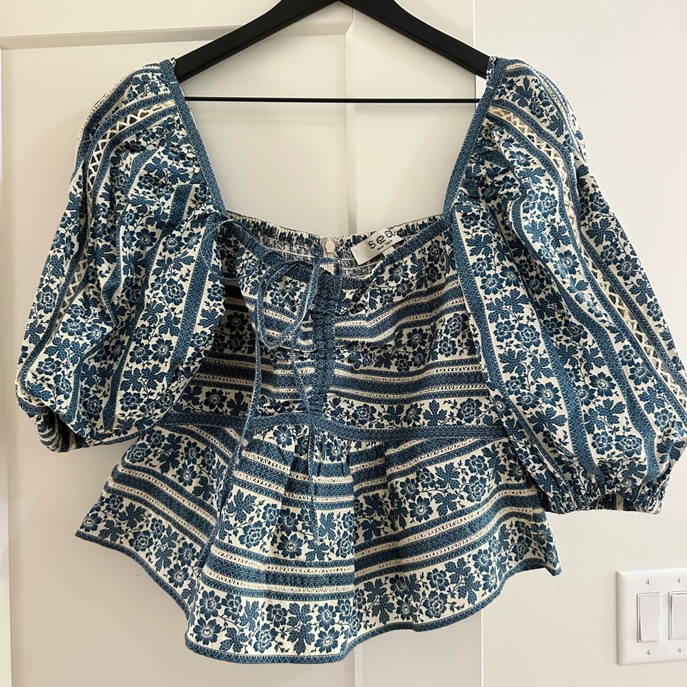 Sea New York Blue and White Floral Peasant Blouse